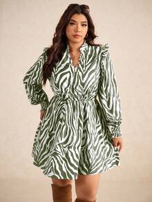 Elaquor 大码休闲通勤全印花V领连衣裙 - 軍綠色 - 查看 6