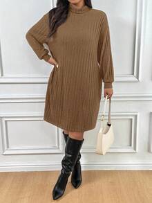 SHEIN Frenchy Plus Size Solid Color High Neck Drop Shoulder Long Sleeve Loose Ribbed Knit Dress - Khaki - View 4