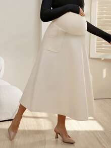 SHEIN Solid Color Long Pocket Maternity Skirt, Autumn/Winter - Beige - View 4