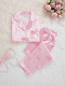 2pcs/Set Girls Cute Bow Print Lapel Cardigan & Casual Pants Comfortable Pajamas Set Bow Print Pajamas - Pink - View 9