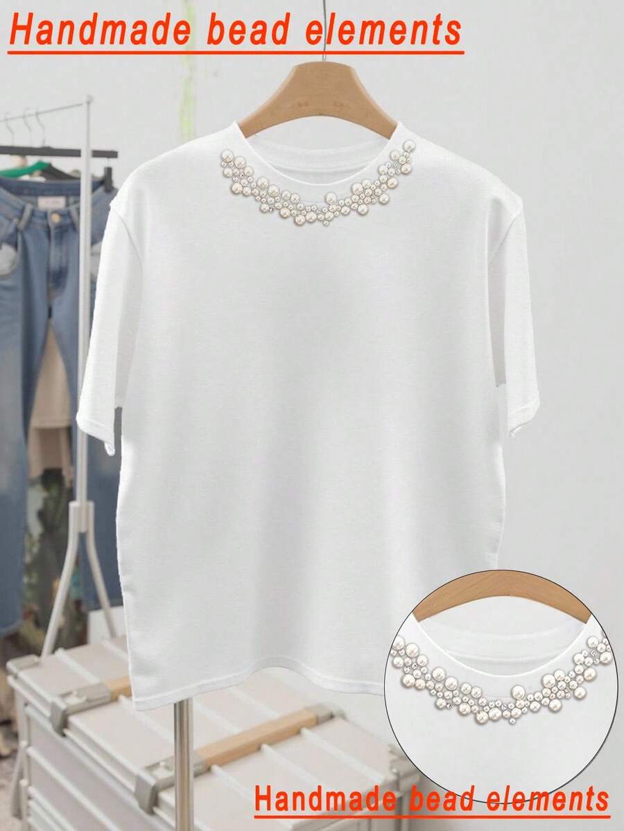 Resyla Áo thun nữ cỡ lớn thiết kế ngọc trai, dáng ôm vừa vặn, mùa hè - trắng - Xem 1