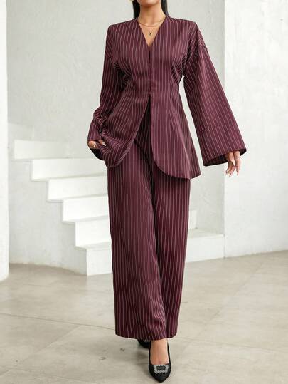 Veilorie 2pcs Women Casual Striped Long Sleeve Top And Pants Set Modest Two Piece Set Pants Suit Formal Two Piece Set