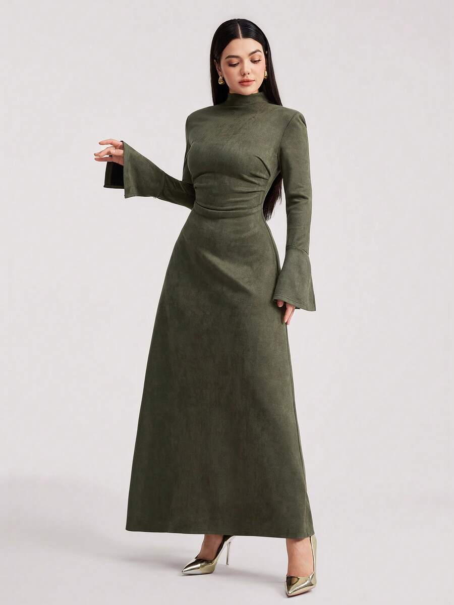 Veilorie Đầm dài tay ôm dáng màu trơn thanh lịch dành cho nữ - màu xanh lá - Xem 1