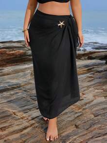 Swim Oasis Plus Size Women Swimsuit Cover Up Bamboo Leaf One-Piece Dress, Beach Starfish Metal Brooch Decor, For Swimming Pool & Sunbathing - Black - View 5