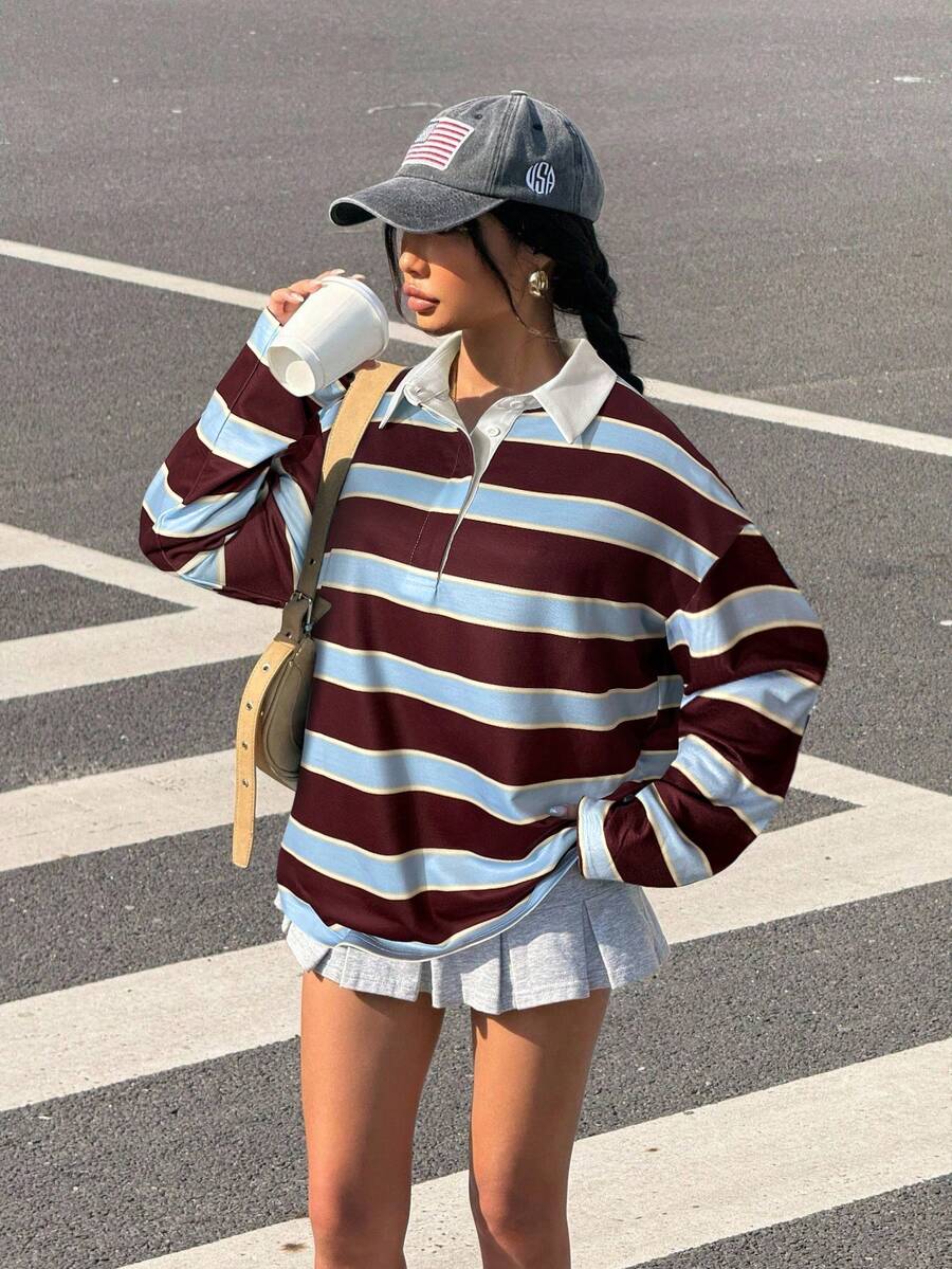 Muchica 女士休闲撞色条纹纽扣落肩T恤，秋季款 - 酒紅色 - 查看 1