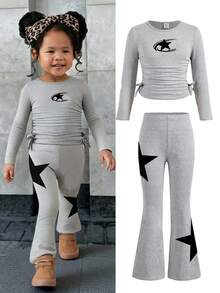 SHEIN 2-Pack Grey Baby Girl Casual Autumn Sports Retro T-Shirt With Star Pattern,Drawstring Hem & Flared Pants Set,Suitable For Work,School & Daily Use - Grey - View 2
