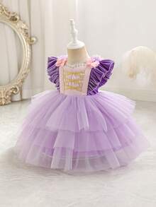 SHEIN Glamorique Kids 紫色薄纱蛋糕裙，女婴公主裙，圣诞女婴裙，派对礼服，圣诞老人裙，新年裙，花卉刺绣，金色丝带，蕾丝，舞台表演，中东风情，优雅正式礼服，四季皆宜