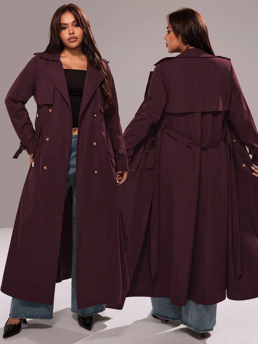 Rustia Plus Size Solid Color Double-Breasted Lapel Long Sleeve Casual Long Windbreaker - Burgundy - View 1