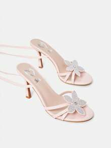 Women's Rhinestone Embellished 3D Floral Decor Elegant High Heel Sandals - Baby Pink - View 7