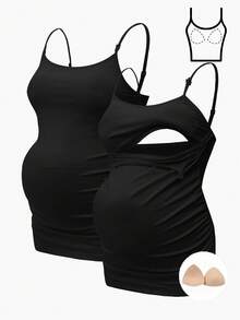 Modmama Pregnant Women Tank Top With Built-In Shelf Bra, Nursing Clothing, White - Black - View 2