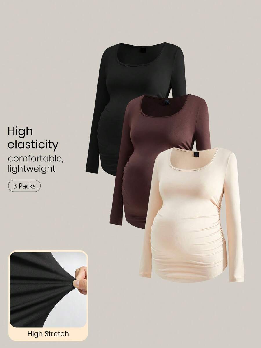 Modmama 孕妇纯色方领长袖褶饰修身T恤 - 彩色 - 查看 1