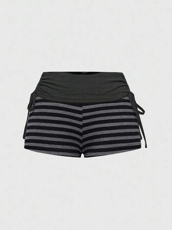 Punk Rock Niedlich Retro Musik Festival gestreift Kontrast Farbe Kordelzug Super Kurz Damen Shorts