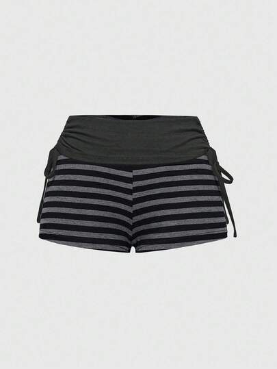 Punk Rock Cute Retro Music Festival Striped Contrast Color Drawstring Super Short Women Shorts