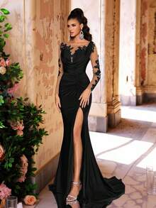 Glamrae Đầm dạ hội maxi dài tay, trong suốt, thêu tay tinh xảo, eo cao, dáng đuôi cá, xẻ tà bên hông, thích hợp cho ngày Valentine. - màu đen - Xem 7