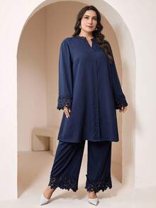 Veilorie Plus Size Women's Solid Color V-Neck Long Sleeve Elegant Lace Patchwork Arabic Style Set