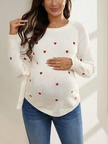 SHEIN Heart Pattern Casual Side Lace-Up Long Sleeve Pullover Maternity Sweater