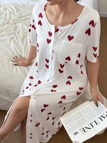 SHEIN Cardigan Motif Hati dengan Kancing, Pakaian Santai Kasual, Ukuran Plus, Gaun Tidur - Putih - View 5