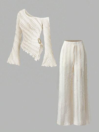 Selianne Ensemble 2 pièces élégant en tricot avec Top à manches longues et pantalon avec ourlet asymétrique et boucle en métal