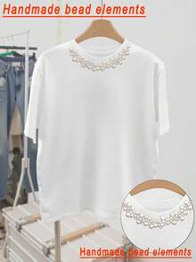 Resyla Áo thun nữ cỡ lớn thiết kế ngọc trai, dáng ôm vừa vặn, mùa hè - trắng - Xem 3