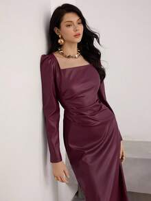 Heiryn 女士时尚优雅 PU 皮革方领中长连衣裙 - 紅木色 - 查看 4