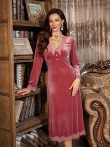 PalaceNights Vestido de dormir elegante de terciopelo ajustado con cuello en V de unicolor y encaje de contraste, para otoño e invierno - Rosa - Ver 6