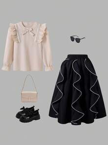 SHEIN Girls 2-Piece Long-Sleeve Shirt & Black Skirt Set For Autumn School,Back-To-School,Ruffled Shoulder,Pearl Bow Details,White Wave Pattern,Retro Charm - Black and White - View 3