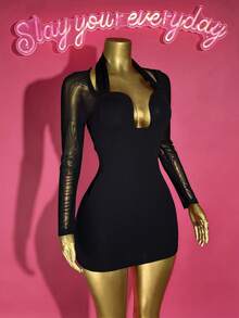 Slaydiva 2025 New Elegant Sexy Halter Neck Mesh Bodycon Mini Dress, Suitable For Party, Birthday, Bar, Nightclub, Valentine's Day, Halloween, Christmas