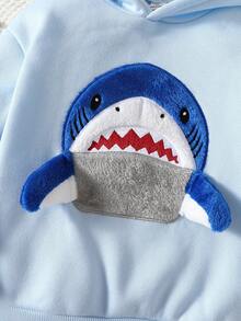 SHEIN Playful Pals 男童3D鲨鱼刺绣图案长袖卫衣裤套装，返校季服装 - 淺藍色 - 查看 5