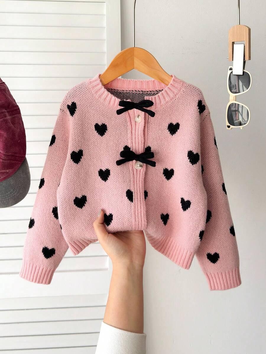 SHEIN Playful Pals 女童厚针织蝴蝶结装饰开衫,可爱简约,秋冬款 - 淺粉色 - 查看 1