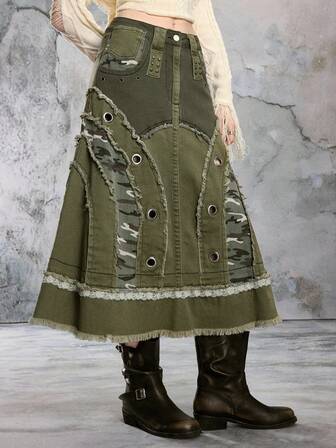 J-Fashion Falda vaquera sexy de camuflaje vintage patchwork de Kpop