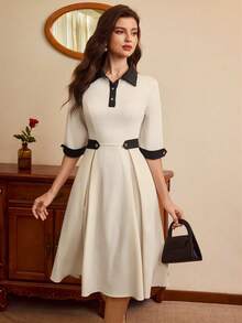 Vintamour 复古优雅女士连衣裙，带口袋，Polo 领，撞色金属纽扣，休闲百搭，适合工作、旅行、度假等各种场合，是冬季女士的理想之选。这款连衣裙也适合圣诞节、新年、感恩节等各种节日穿着。此外，它还适合作为女士冬季连衣裙、圣诞连衣裙、新年夜连衣裙、白色连衣裙等。这款优雅的白色连衣裙也适合新年穿着。 - 米色 - 查看 4