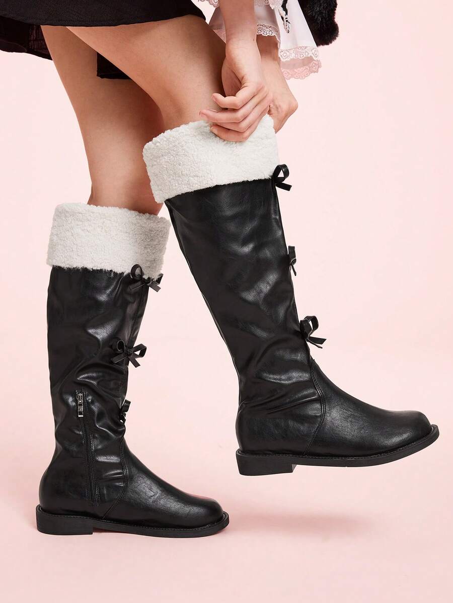 CUCCOO DOLLMOD Women's Casual Round Toe High Boots With Bow Decor And Fringes, Versatile For Autumn/Winter - Black - View 1