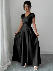 Elenzga V-Neck Cinched Waist Elegant Romantic Short Sleeve Women Dress - Black - View 4