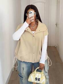 Maweii Plus Size Casual Solid Color Drawstring Hem Loose Overcoat, Autumn - Apricot - View 7