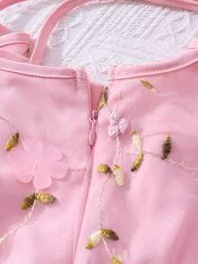 SHEIN 少女无袖休闲网纱拼接刺绣花卉连衣裙 - 藕粉色 - 查看 5