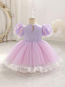 SHEIN Glamorique Kids 女嬰公主風網紗洋裝，紫色、粉色與白色條紋，夏季優雅蕾絲，生日花童派對婚禮穿搭 - 紫色 - 查看 3
