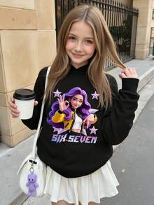 少女舒适秋冬休闲时尚创意个性清新简约酷炫虚拟少女团体五角星标志标语印花舒适连帽卫衣，适合秋冬季穿着 - 黑色 - 查看 2