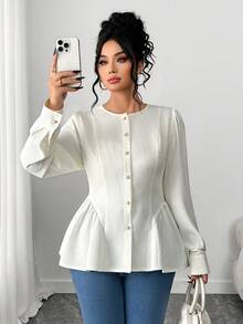Elenzga Women's Autumn/Winter Textured Fabric Puff Sleeve Fitted A-Line Shirt - Apricot - View 3