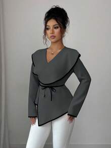 Elenzga 女士交叉V领长袖修身腰部系带撞色拼接优雅衬衫 - 灰色 - 查看 3