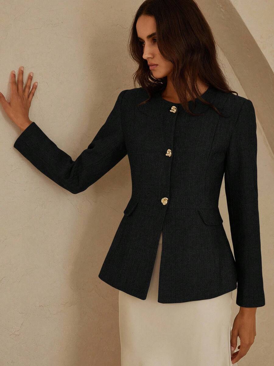 EMERY ROSE Round Neck Herringbone Metal Button Decor Hem Patchwork Office Blazer - Black - View 1
