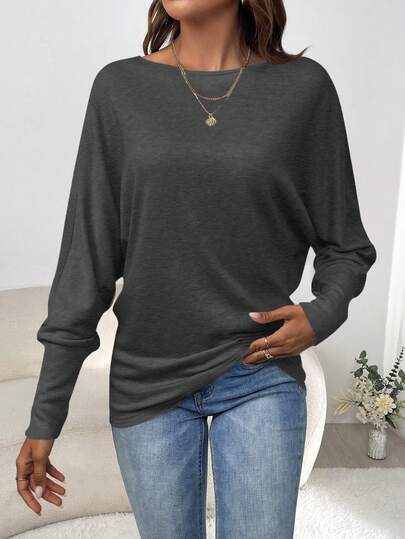 SHEIN Clasi Women's Casual Solid Color Batwing Sleeve T-Shirt, Autumn,Fall,Fall Clothes For Women,Women's Winter Clothes