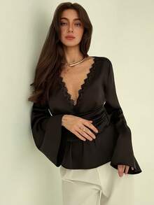 Aloruh 女士优雅纯色褶裥腰长袖衬衫，秋季优雅时尚 - 黑色 - 查看 8