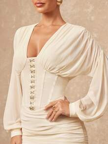 Lumalex 早春情人节浪漫约会网纱垂褶落肩前襟纽扣褶皱泡泡袖修身性感迷你连衣裙，适合女士，尽显奢华新年新风尚，适合舞会、聚会、宴会、低调奢华、闪耀节日派对、锐舞节、郊游、度假、户外、婚礼季、宴会、宰牲节、新年派对、晚宴、派对礼服、早春奶油色连衣裙 - 杏色 - 查看 9