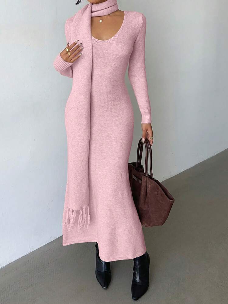 Elenzga 优雅浅杏色V领简约舒适复古风针织连衣裙配流苏围巾，适合秋冬通勤出游 - 粉色 - 查看 6