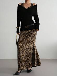 Aidyla Women's Lace Strap V-Neck Sweater, Long Sleeve Top Lacey Top Black Top Black Sweater - Black - View 5