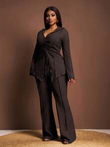 Veslaya 春夏加大码女装休闲/热带度假/公路旅行/城市之旅纯色卡其色翻领系带喇叭袖开衫搭配松紧腰阔腿裤两件套，优雅大方，适合各种身材。 - 巧克力棕 - 查看 5