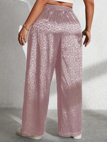 Vionelle Plus Size Casual Commuter Leopard Print Wide Leg Pants Satin Pants Cheetah Pants Silk Pants Leopard Pants - Dusty Pink - View 2