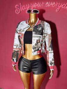 Slaydiva 2025 Winter New Style, Christmas, New Year, Birthday, Party, Banquet, Preppy Style, Student Wear, Everyday Outing, Basic Versatile, Casual, Cruise Travel, Influencer Hot Style, Motorcycle Style, Club Style, Baseball Collar Long Sleeve, Buttons Can Be Opened, Portrait Print, Winter Jacket, Christmas Jacket, New Year Jacket, Women's Jacket