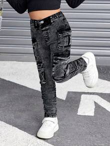 SHEIN Young Girl Y2k Grey Denim Elastic Skinny Cargo Jogger Pants,Fall Clothes,Winter Clothing ,Casual And Fashionable Vacation Outfits,Streetwear,2000s Style  ,Christmas Clothing,Bell Bottom  Jeans,Christmas Grey   Jeans - Grey - View 6