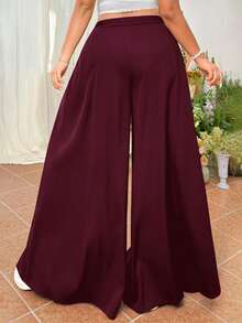 SHEIN EZwear Quần ống rộng xếp ly trơn màu đỏ rượu vang, cỡ lớn - Màu Đỏ Sâu - Xem 2